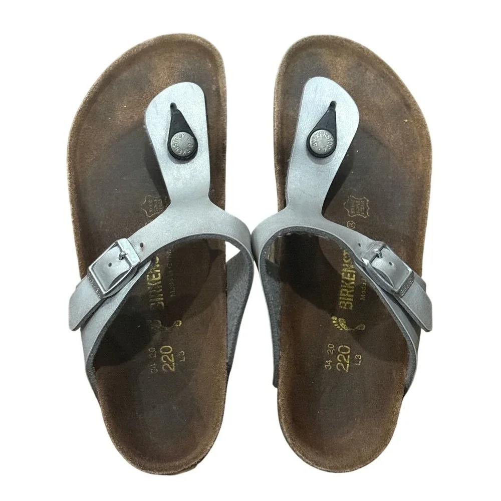 Birkenstock Gizeh Kids Silver Metallic Sandals Cork Footbed Girls Size 32 US 1‎